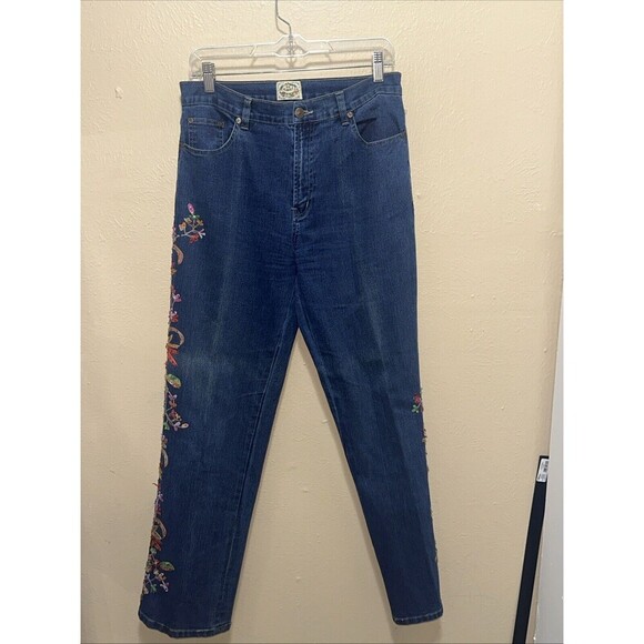 24 Karat High Rise Jean With Floral Design Size 10 Dark Blue Straight Leg - Picture 1 of 9